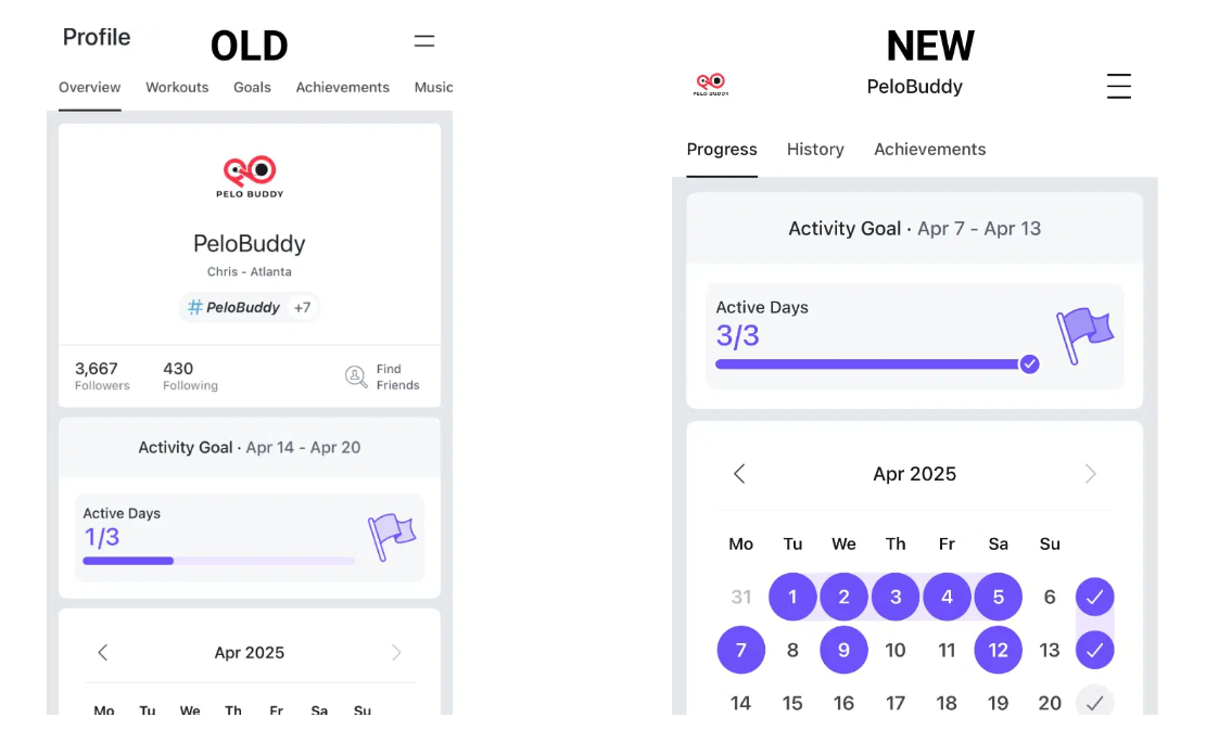 Old vs new profile page of the Peloton app