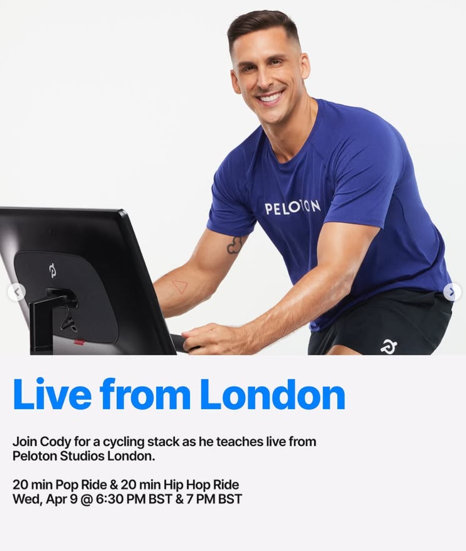 Cody Rigsby will teach live rides from Peloton Studios London this week. Image credit Peloton social media.