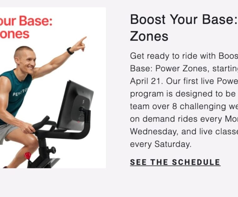 Peloton's April Workouts to Watch email detailing new Power Zone program.