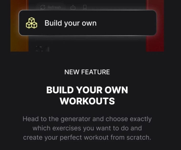 Push notification in Strength+ app announcing new "build your own workout" feature