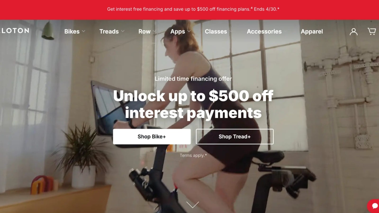 Peloton website homepage showing limited time financing offer.
