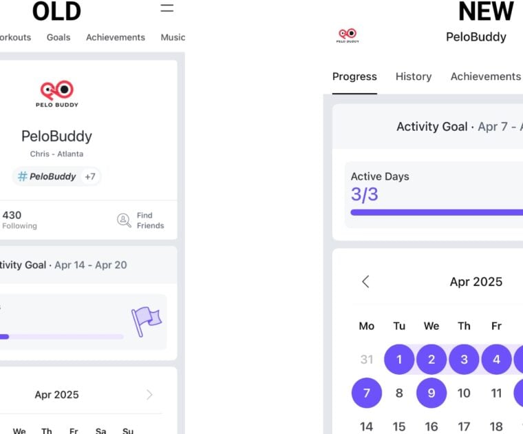 Old vs new profile page of the Peloton app