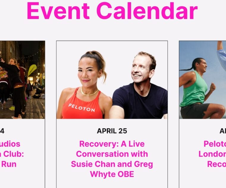 Peloton London Marathon events website showing event calendar.