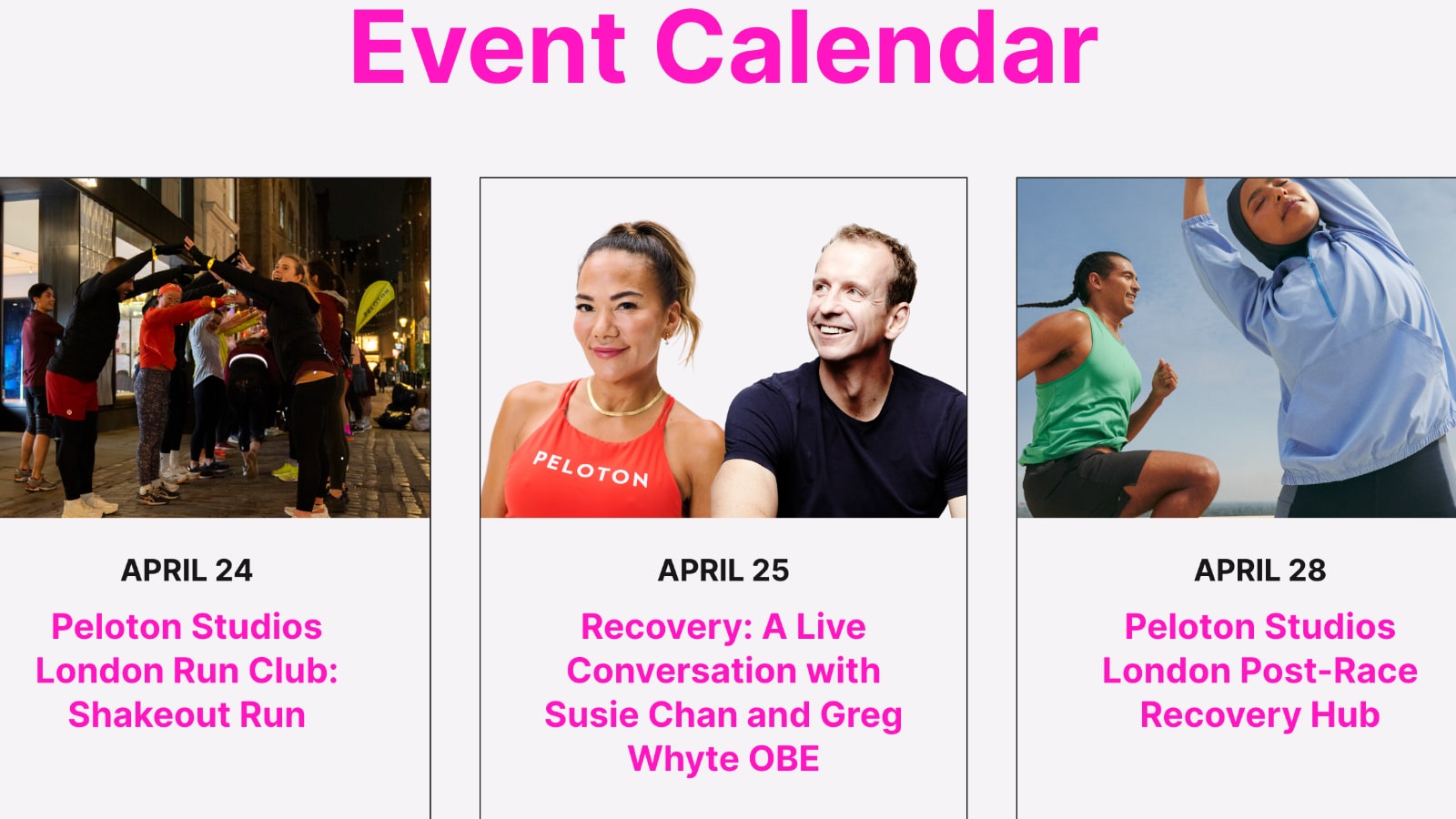 Peloton London Marathon events website showing event calendar.