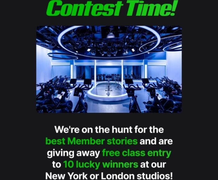 Social media contest to win a free class at Peloton Studios New York or London.