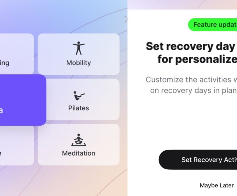 Peloton app notification regarding personalized plan recovery options.