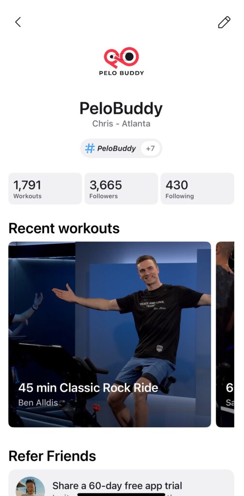 New popup profile page in Peloton app.