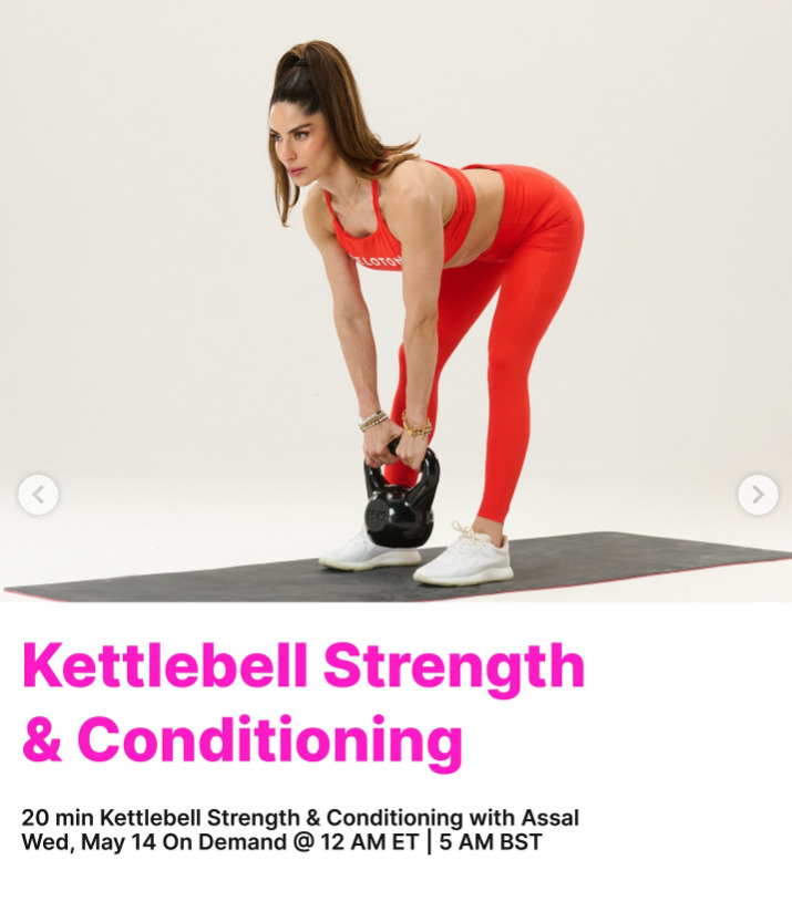 Assal will have a 20 minute Kettlebell Strength & Conditioning class on demand this week. Image credit Peloton social media.