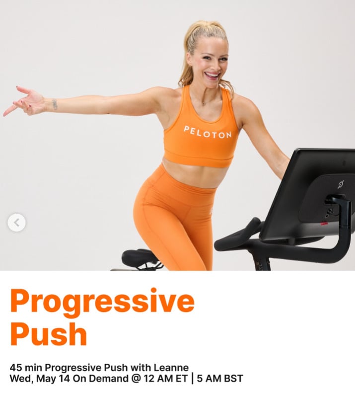 Leanne will have a 45 minute Progressive Push Ride on demand this week. Image credit Peloton social media.