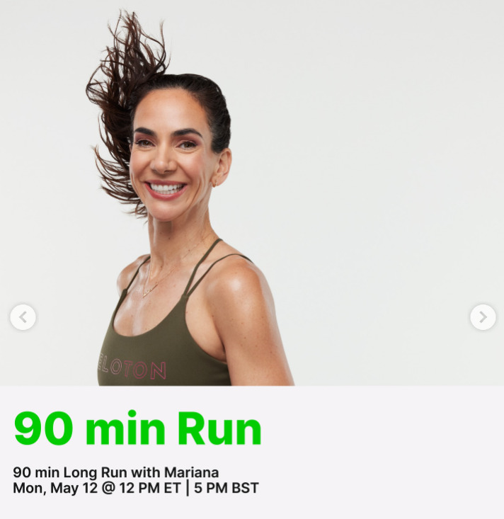 Mariana will teach a 90 minute long Run this week. Image credit Peloton social media.