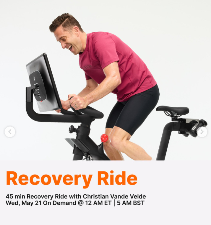 Christian Vande Velde will have a 45 minute Recovery Ride drop on demand this week. Image credit Peloton social media.