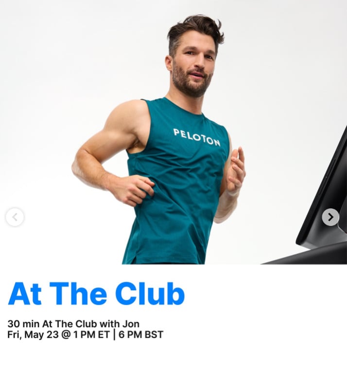 Jon will have a live 30 minute At The Club walk + run this week. Image credit Peloton social media.
