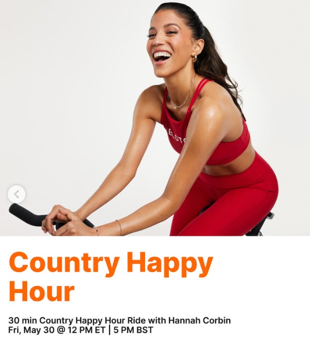 Hannah Corbin will teach a live 30 minute Country Happy Hour Ride this week. Image credit Peloton social media.