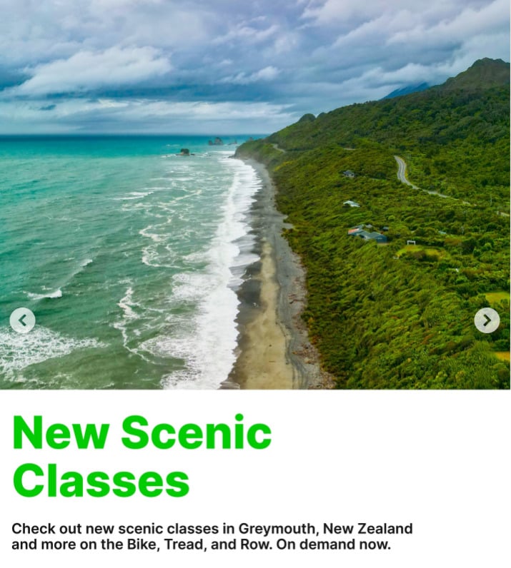 New Scenic classes on the Bike, Tread, and Row dropped the week of May 26, 2025. Image credit Peloton social media.