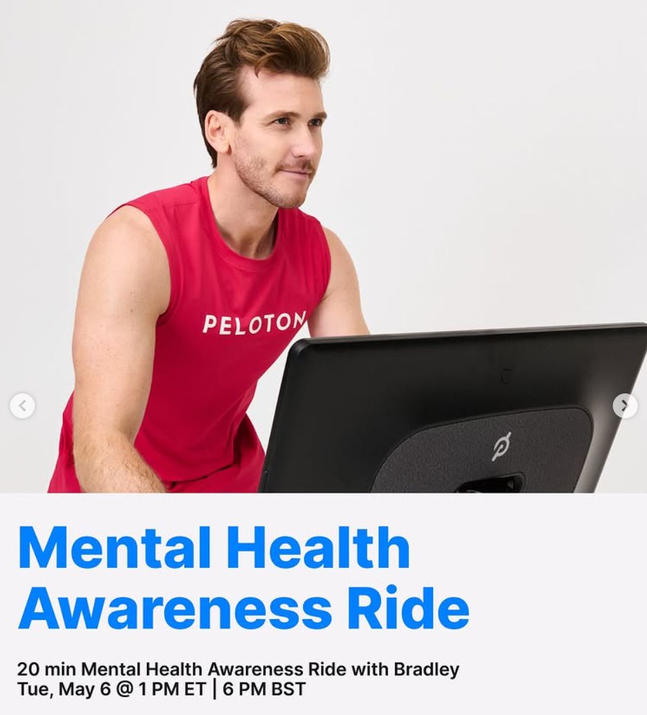 Bradley has a live Mental Health Awareness Ride this week. Image credit Peloton social media.