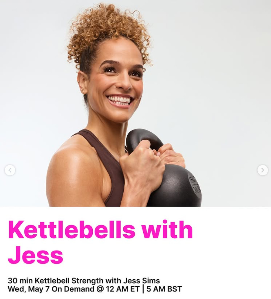 A new Kettlebell Strength with Jess Sims will drop on demand this week. Image credit Peloton social media.