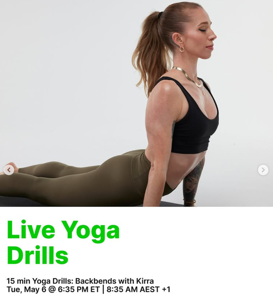 Kirra has a live Yoga Drills this week. Image credit Peloton social media.