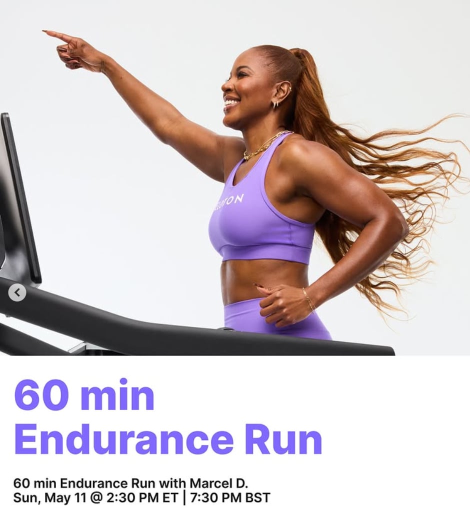 Marcel Dinkins has a live 60 minute Endurance Run this week. Image credit Peloton social media.