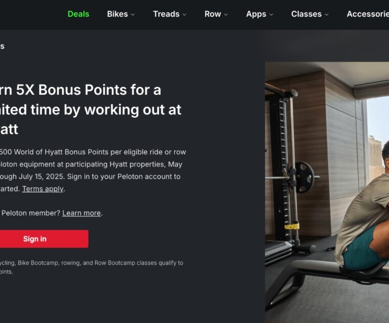 Peloton x Hyatt webpage advertising points offer.