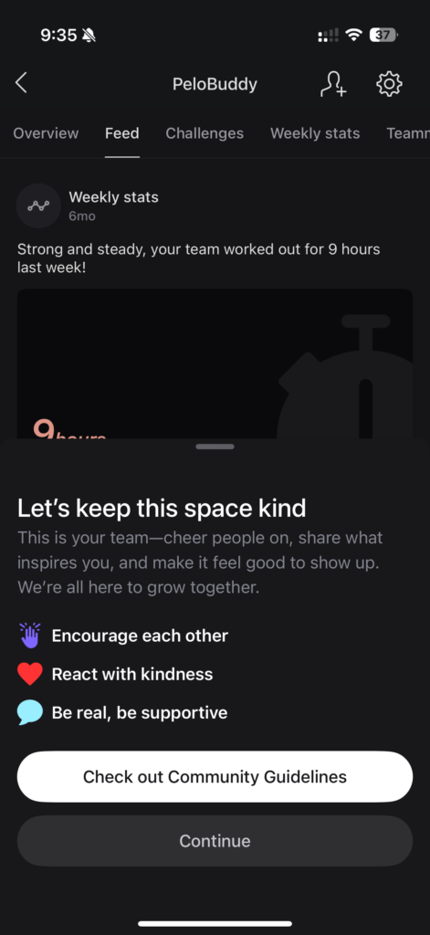 Peloton alert regarding Community Guidelines in Peloton Teams