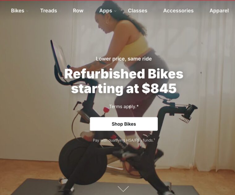 Peloton homepage advertising refurbished Bike/Bike+ offer.