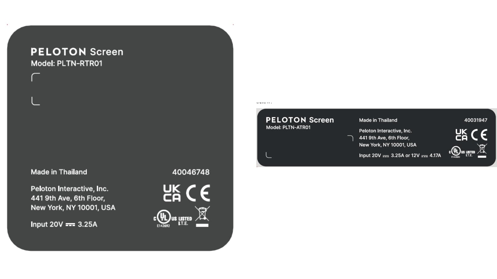 Two new Peloton tablet screens: PLTN-ATR101 & PLTN-RTR101