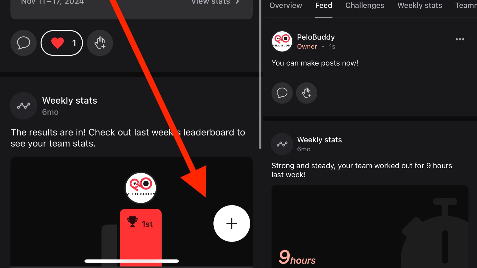 Free-form text posts in the Peloton teams area.