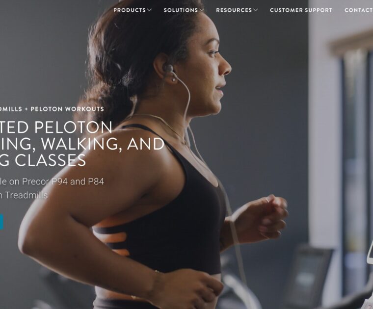 Precor landing page regarding Peloton classes on select Precor treadmills.