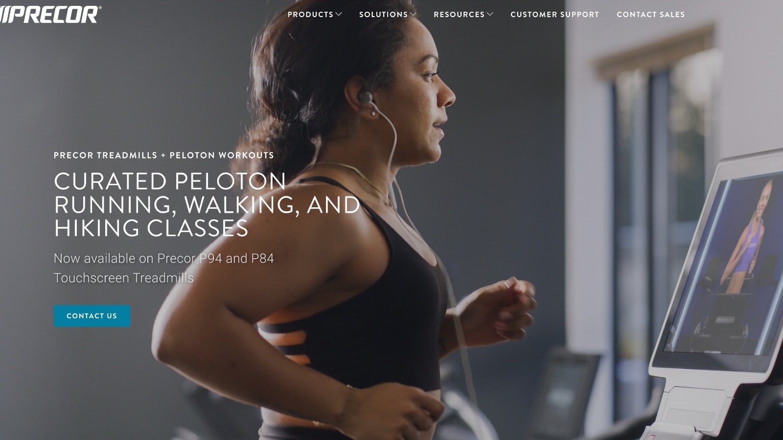 Precor landing page regarding Peloton classes on select Precor treadmills.