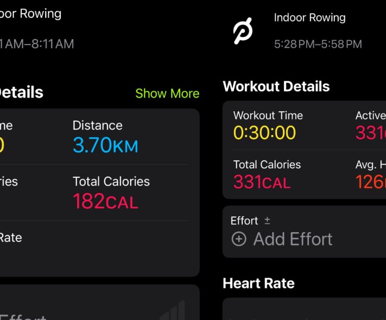 Rowing data before and after enabling new Apple Health metrics.
