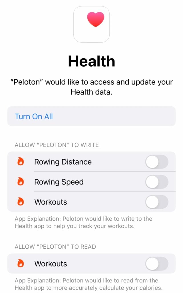 Peloton Apple Health metrics notification.