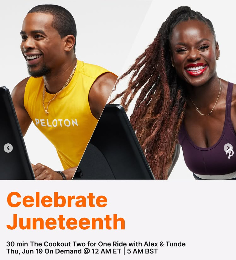 Alex T. and Tunde have a two-for-one Juneteenth Ride dropping on demand this week. Image credit Peloton social media.