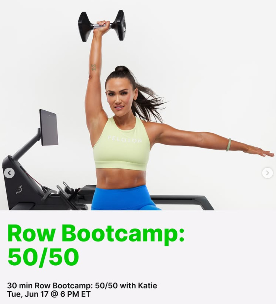 Katie Wang has a live 30 minute 50/50 Row Bootcamp this week. Image credit Peloton social media.