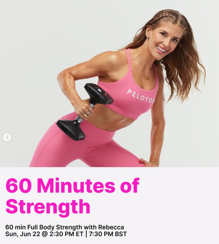 Rebecca Kennedy has a live 60 minute Full Body Strength this week. Image credit Peloton social media.