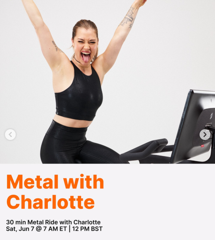 Charlotte has a live Metal Ride in English this week. Image credit Peloton social media.