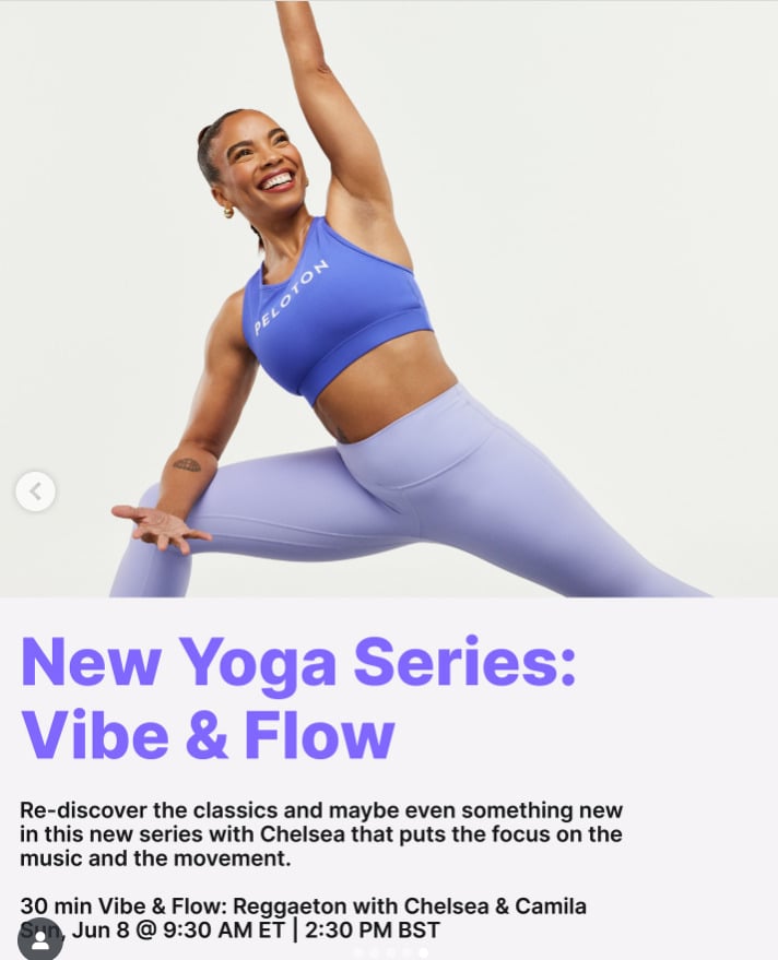 Chelsea starts a new Yoga series this week called Vibe & Flow. Image credit Peloton social media.