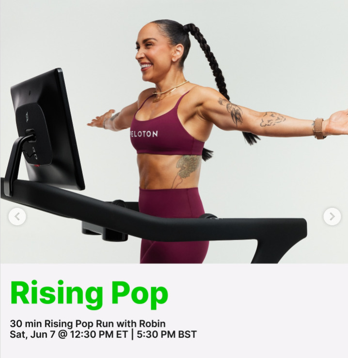 Robin has a live Rising Pop Run this week. Image credit Peloton social media.