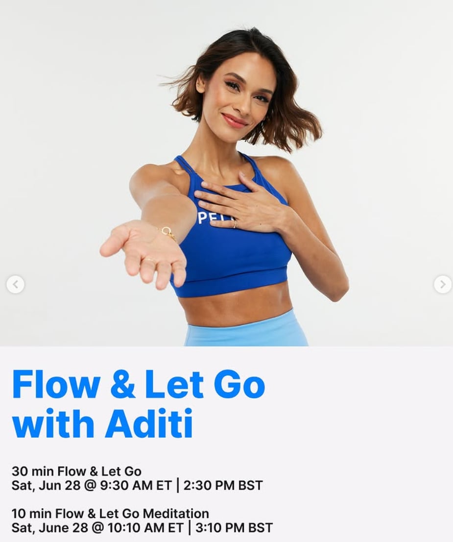 Aditi has a live Flow and Let Go yoga and meditation stack this week. Image credit Peloton social media.