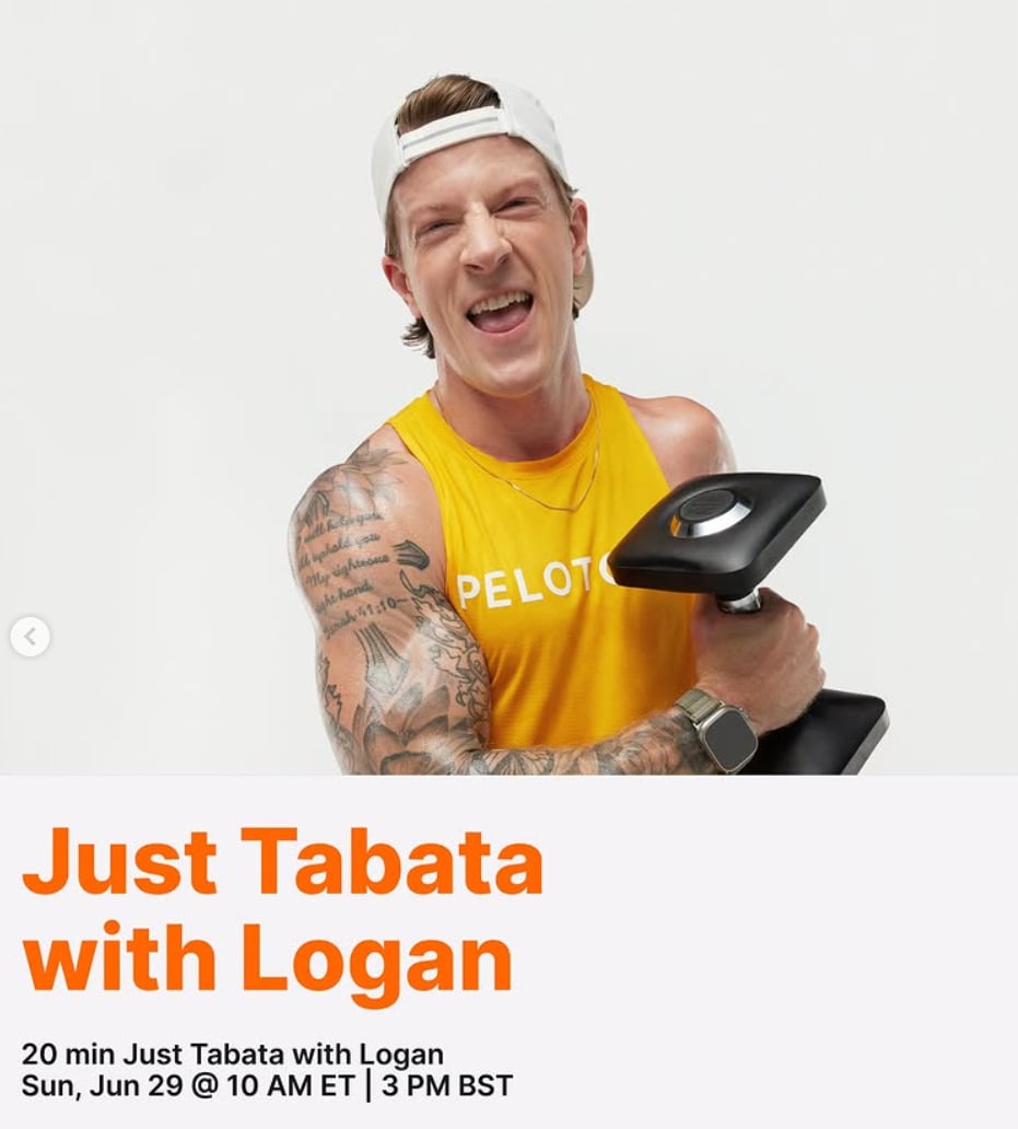 Logan has a live Just Tabata this week. Image credit Peloton social media.