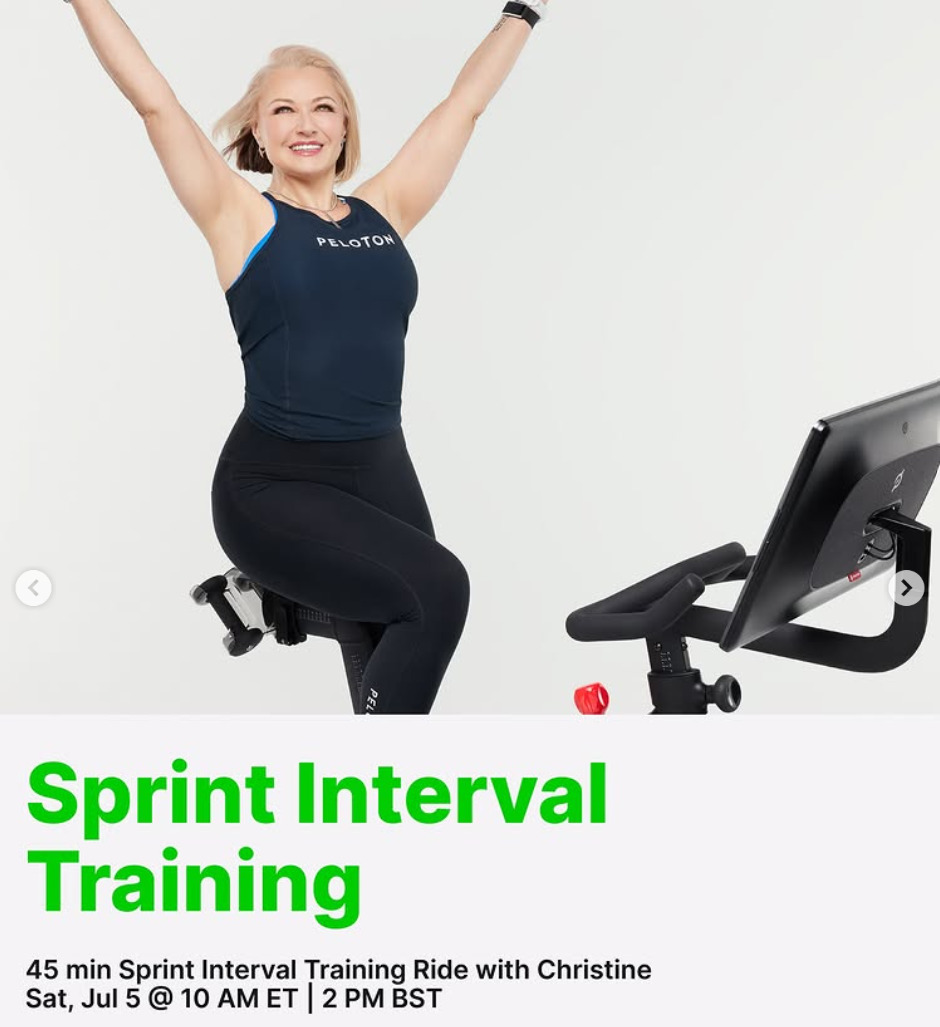 Christine will teach a live 45 minute Sprint Interval Training Ride this week. Image credit Peloton social media.