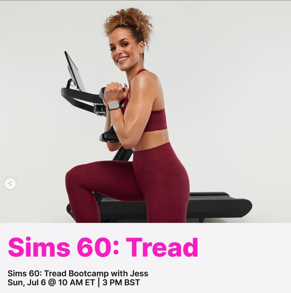 Jess Sims will teach a live advanced Sims 60 Tread Bootcamp this week. Image credit Peloton social media.