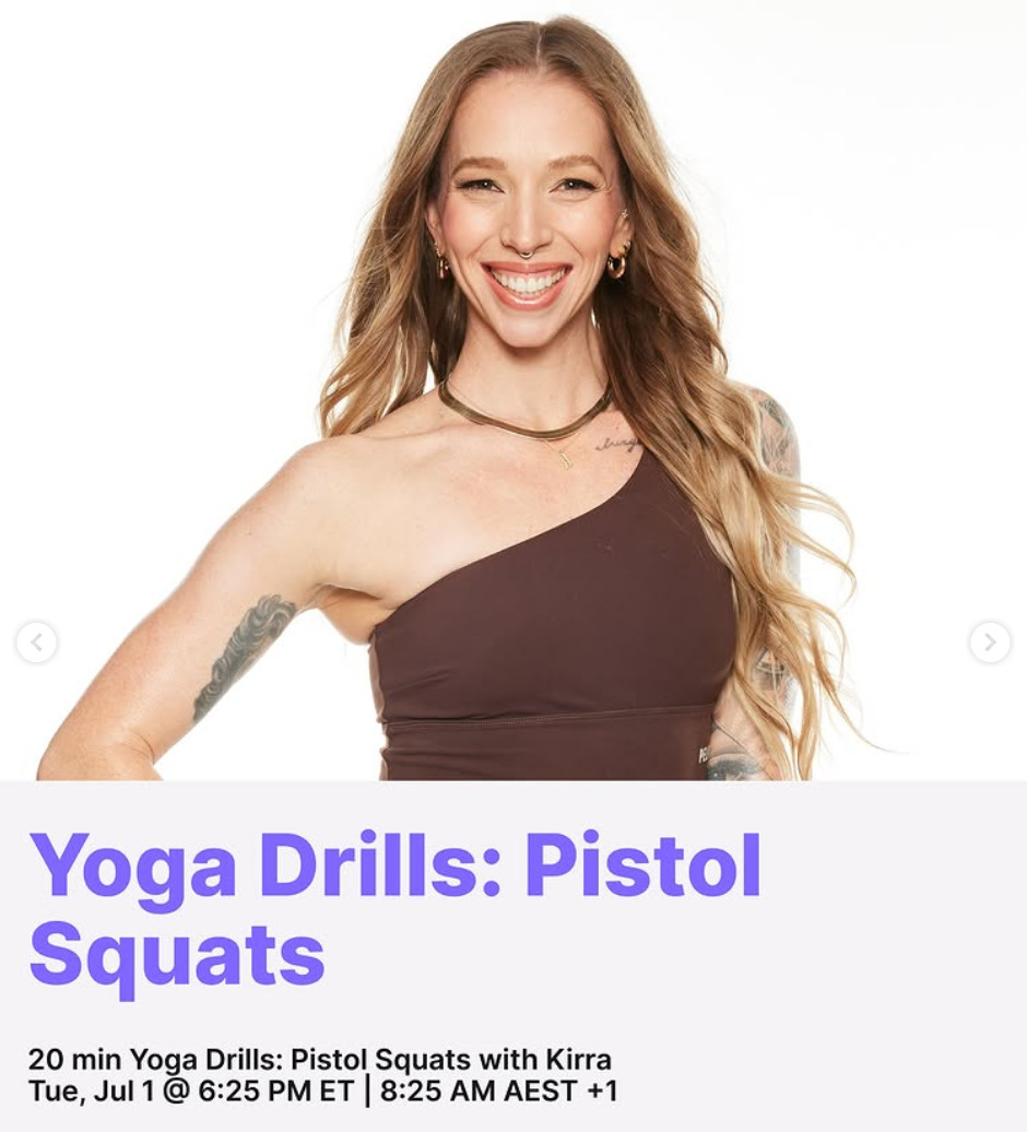 Kirra will teach a live Yoga Drills: Pistol Squat class this week. Image credit Peloton social media.