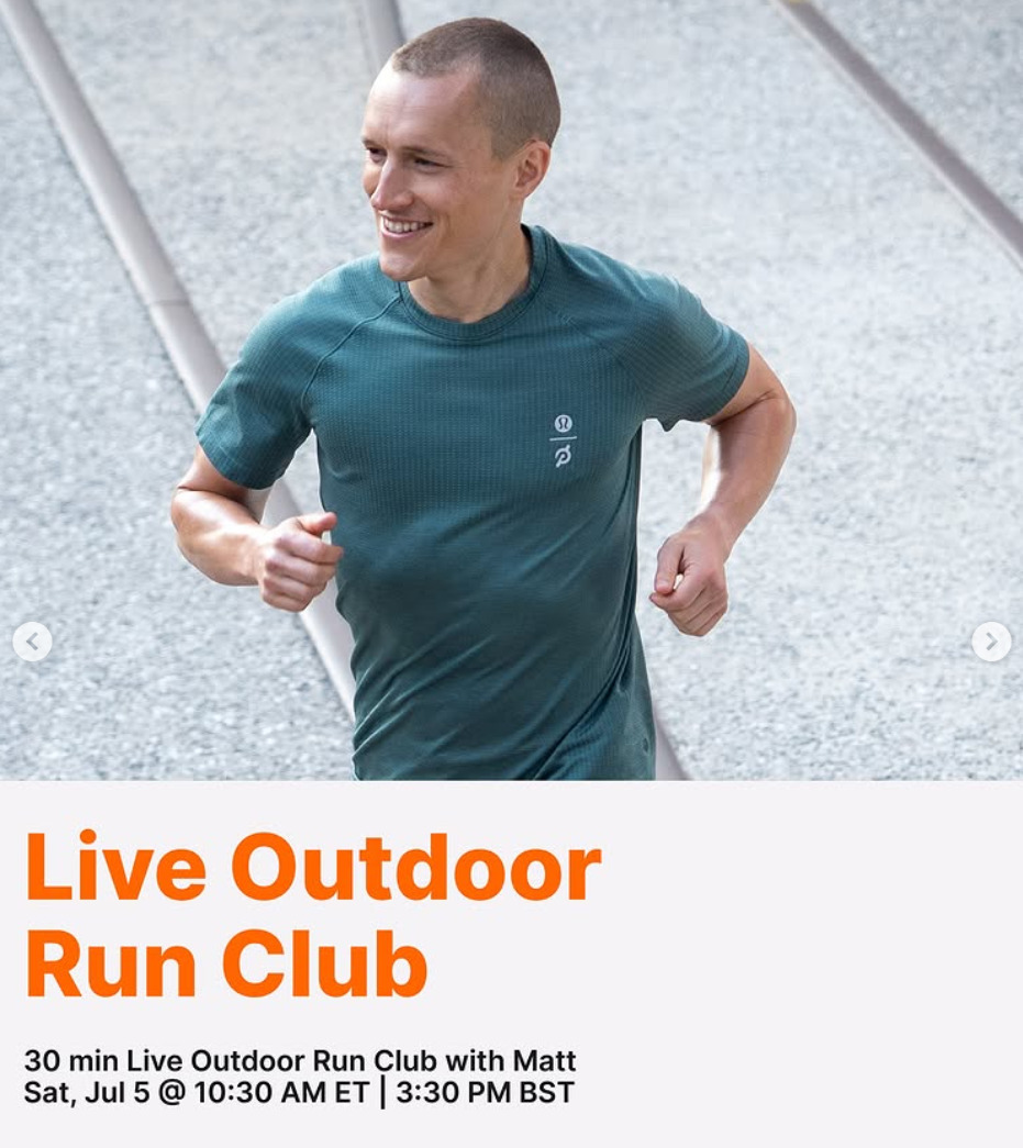 This week's live Outdoor Run Club will be taught by Matt Wilpers. Image credit Peloton social media.