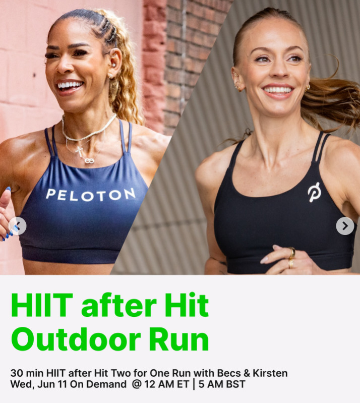 This week's Outdoor HIIT after Hit Run will be from Kirsten Ferguson and Becs Gentry. Image credit Peloton social media.