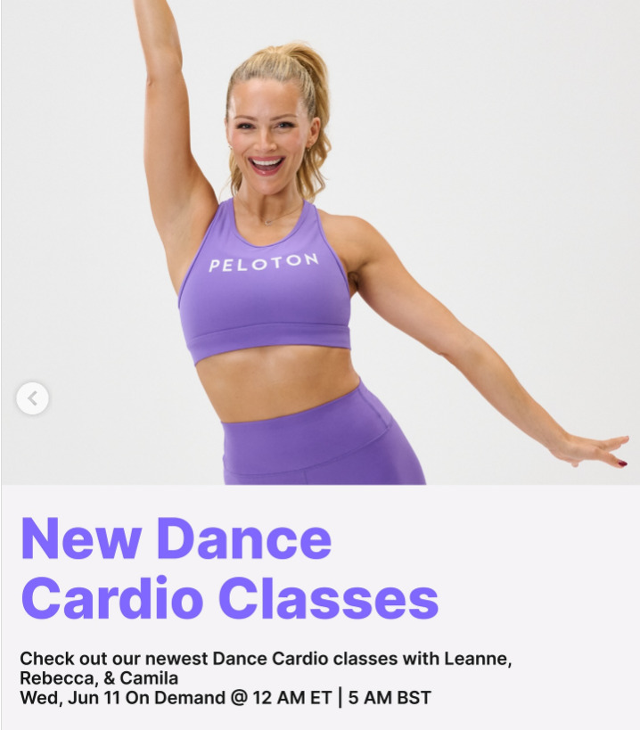 New Dance Cardio classes will drop this week from Leanne, Rebecca, and Camila. Image credit Peloton social media.