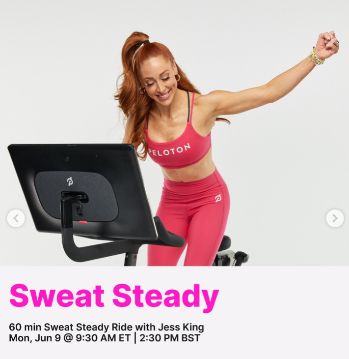 This week Jess King had a live 60 minute Sweat Steady Ride. Image credit Peloton social media.