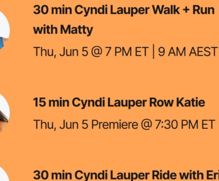 Peloton's Cyndi Lauper classes. Image credit Peloton social media.