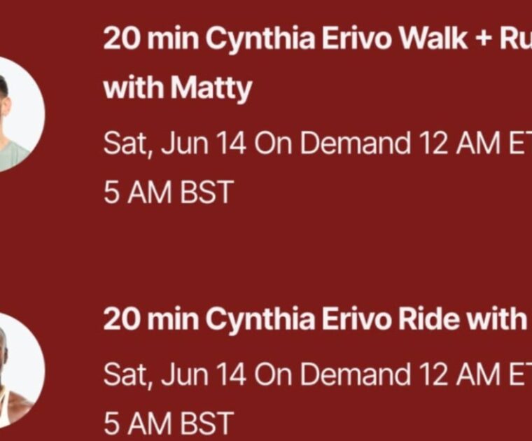 Peloton Cynthia Erivo class list. Image credit Peloton social media.