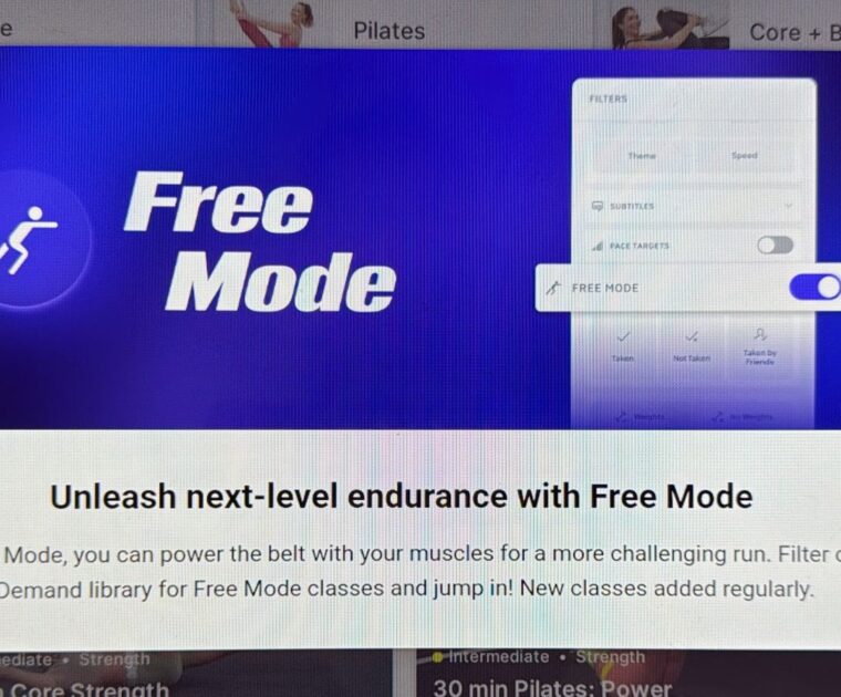 Pop-up alert notifying members to the return of Free Mode on Peloton Tread+