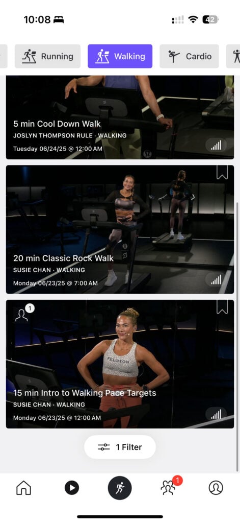 Filter to view walking pace target classes on the Peloton app.
